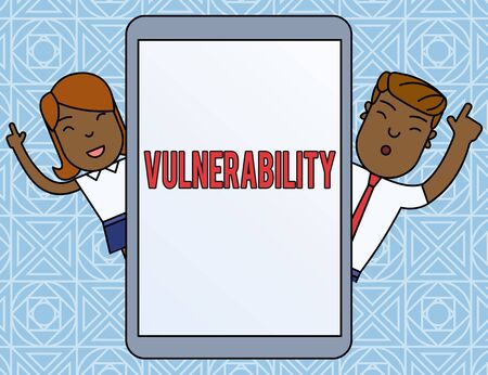 Word writing text Vulnerability. Business photo showcasing State of being exposed to the possibility of being attacked Male and Female Index Fingers Up Touch Screen Tablet Smartphone Deviceの写真素材