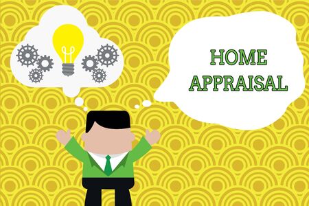 Word writing text Home Appraisal. Business photo showcasing Determines the real worth and the Evaluation of property Standing man suit hands up imaginary bubble light bulb gears working togetherの写真素材