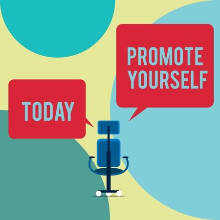 Word writing text Promote Yourself. Business photo showcasing market and introduce to others Improvement Encourage Executive chair sharing two blank square speech bubbles right left sideの写真素材