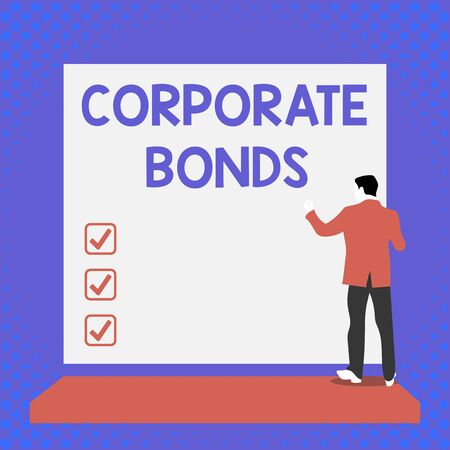 Text sign showing Corporate Bonds. Business photo text corporation to raise financing for variety of reasons Back view young man dressed suit standing platform facing blank rectangleの写真素材