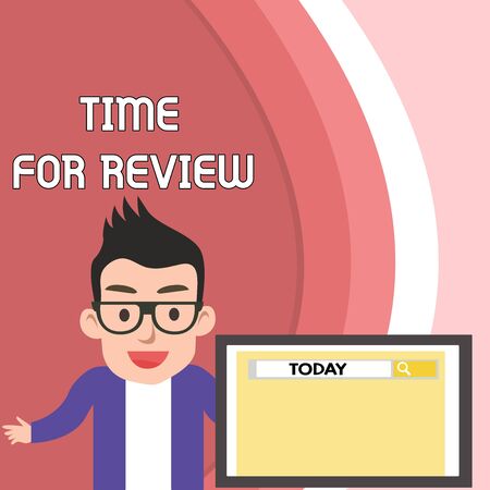 Handwriting text Time For Review. Conceptual photo review of a system or situation in its formal examination Male Speaker Monitor with Search Tool on Screen Presentation or Reportの写真素材