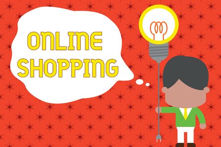 Word writing text Online Shopping. Business photo showcasing allows consumers to buy their goods over the Internet Standing man tie holding plug socket light bulb to connect idea. Startupの写真素材