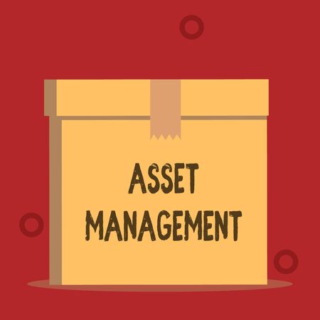Word writing text Asset Management. Business photo showcasing systematic process of operating and disposing of assets Close up front view open brown cardboard sealed box lid. Blank backgroundの写真素材