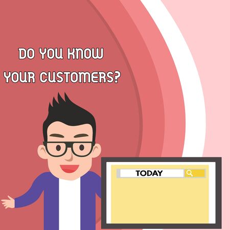 Handwriting text Do You Know Your Customers question. Conceptual photo asking to identify a customer s is nature Male Speaker Monitor with Search Tool on Screen Presentation or Reportの写真素材