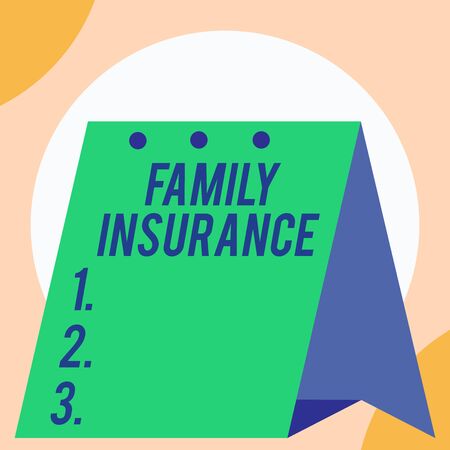 Handwriting text Family Insurance. Conceptual photo paying a partial or full health care for relatives Open big standing calendar Desk monthly planner Geometrical backgroundの写真素材
