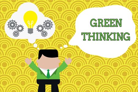 Word writing text Green Thinking. Business photo showcasing Taking ction to make environmental responsibility a reality Standing man suit hands up imaginary bubble light bulb gears working togetherの写真素材
