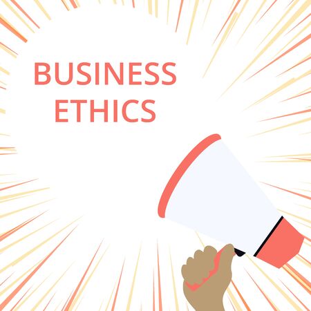 Word writing text Business Ethics. Business photo showcasing Moral principles that guide the way a business behaves Hand Holding Loudhailer Empty Round Speech Text Balloon Announcement Newの写真素材