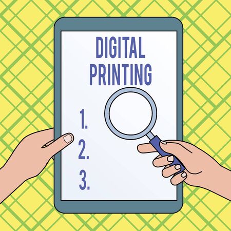 Writing note showing Digital Printing. Business concept for digital based images directly to variety of media Hands Holding Magnifying Glass Against Switched Off Touch Screen Tabletの写真素材