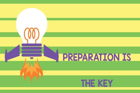 Writing note showing Preparation Is The Key. Business concept for it reduces errors and shortens the activities Top view launching bulb rocket fire base Project Fuel ideaの写真素材