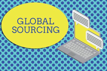 Conceptual hand writing showing Global Sourcing. Concept meaning practice of sourcing from the global market for goods Laptop receiving sending information internet wirelessの写真素材