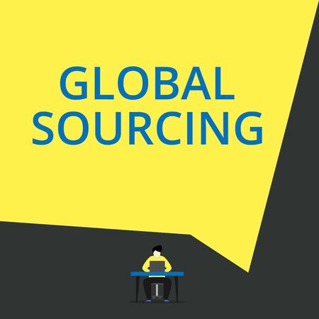 Handwriting text Global Sourcing. Conceptual photo practice of sourcing from the global market for goods View young man sitting chair desk working open laptop geometric backgroundの写真素材