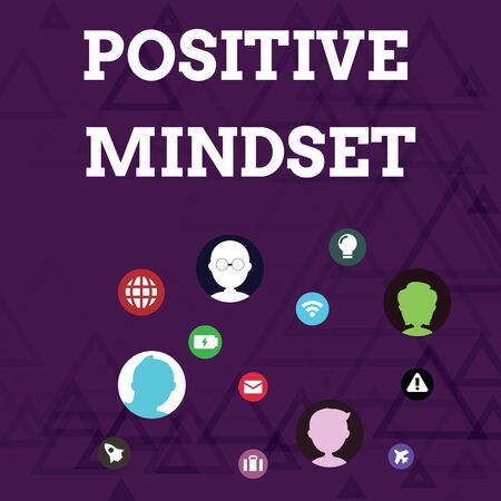 Writing note showing Positive Mindset. Business concept for mental attitude in wich you expect favorable results Networking Technical Icons Chat Heads on Screen for Link Upの写真素材