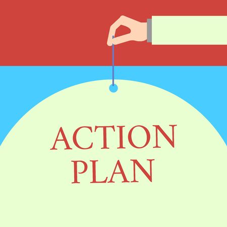 Word writing text Action Plan. Business photo showcasing proposed strategy or course of actions for certain time Male hand arm needle punching big half blank balloon geometrical backgroundの写真素材