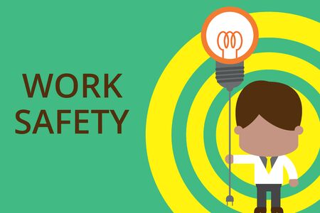 Conceptual hand writing showing Work Safety. Concept meaning policies and procedures in place to ensure health of employees Standing man tie holding plug socket light bulb Idea Startupの写真素材