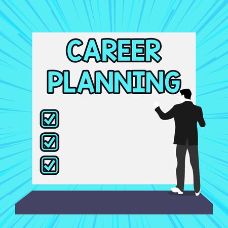 Conceptual hand writing showing Career Planning. Concept meaning Strategically plan your career goals and work success Woman watching blank big rectangle. Geometrical backgroundの写真素材