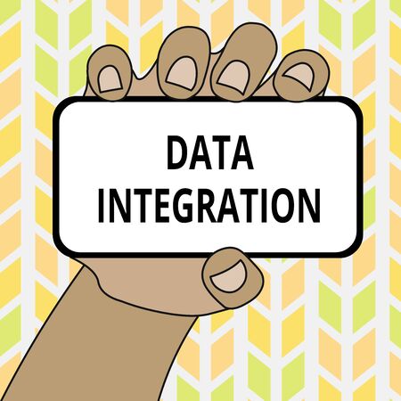 Conceptual hand writing showing Data Integration. Concept meaning combination of technical and business processes to combine Closeup of Smartphone in Hand with Screen and Text Spaceの写真素材