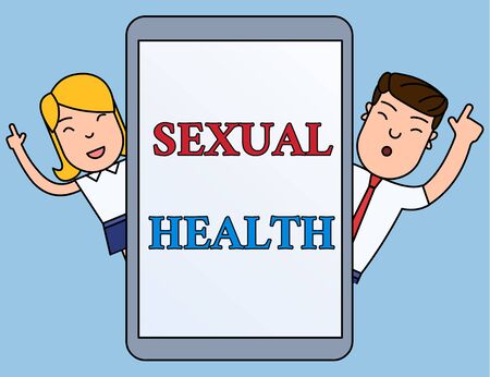 Writing note showing Sexual Health. Business concept for positive and respectful approach to sexual relationships Male and Female Index Fingers Up Touch Screen Tablet Smartphone Deviceの写真素材
