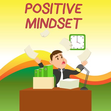 Text sign showing Positive Mindset. Business photo text mental attitude in wich you expect favorable results Confused Male Employee Manager Cluttered Workspace Overflow Time Shortageの写真素材