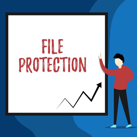 Word writing text File Protection. Business photo showcasing Preventing accidental erasing of data using storage medium View young man standing pointing up blank rectangle Geometric backgroundの写真素材