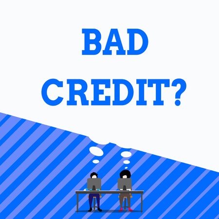 Writing note showing Bad Creditquestion. Business concept for inabilityof a demonstrating to repay a debt on time and in full Man with purple trouser sit on chair talk to fellow near computer tableの写真素材
