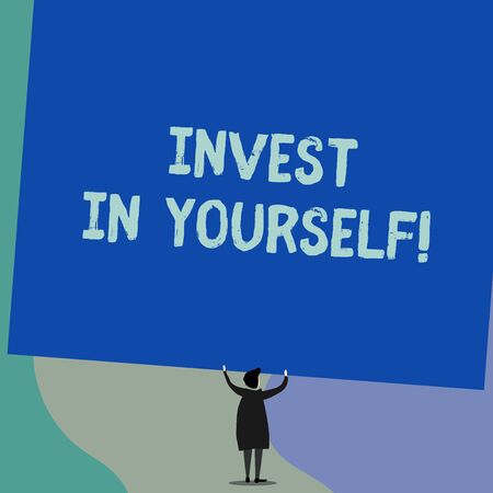 Handwriting text writing Invest In Yourself. Conceptual photo nvesting in a coach or a training to learn new things Back view standing short hair woman dress hands up holding blank rectangleの写真素材