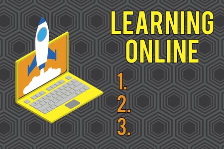 Conceptual hand writing showing Learning Online. Concept meaning Learn something new with the help of internet and technology Rocket launching clouds laptop Startup project growing SEOの写真素材