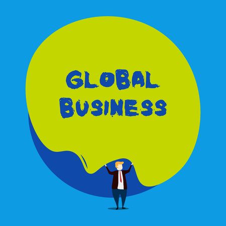 Conceptual hand writing showing Global Business. Concept meaning Trade and business system a company doing across the world Male human wear formal tuxedo hold asymmetrical shape bubbleの写真素材