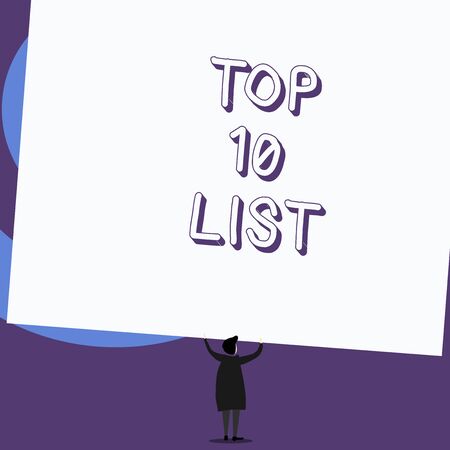 Writing note showing Top 10 List. Business concept for the ten most important or successful items in a particular list Standing short hair woman dress hands up holding rectangleの写真素材