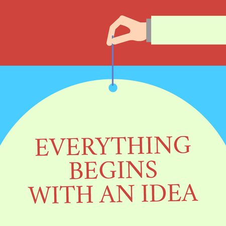Word writing text Everything Begins With An Idea. Business photo showcasing steps you take to turn an idea into a reality Male hand arm needle punching big half blank balloon geometrical backgroundの写真素材