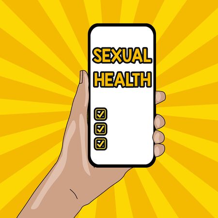 Text sign showing Sexual Health. Business photo text positive and respectful approach to sexual relationships Closeup of Smartphone Device Held in Hand with Empty Screen and Text Spaceの写真素材