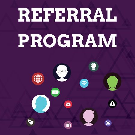 Writing note showing Referral Program. Business concept for employees are rewarded for introducing suitable recruits Networking Technical Icons Chat Heads on Screen for Link Upの写真素材