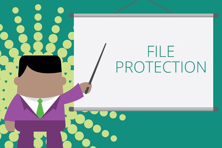 Writing note showing File Protection. Business concept for Preventing accidental erasing of data using storage medium Businessman standing in front projector screen pointing project ideaの写真素材