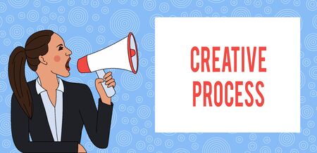 Conceptual hand writing showing Creative Process. Concept meaning act of making new connections between old ideas Unique Woman Jacket Ponytail Shouting into Loudhailer Rectangular Boxの写真素材