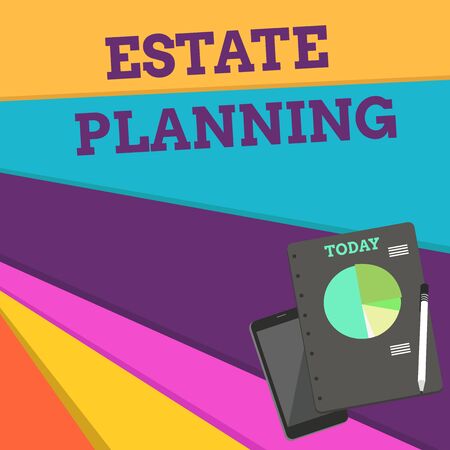 Handwriting text Estate Planning. Conceptual photo The analysisagement and disposal of that demonstrating s is estate Layout Smartphone Off Ballpoint Pen RingBound Notepad Business Pie Chartの写真素材