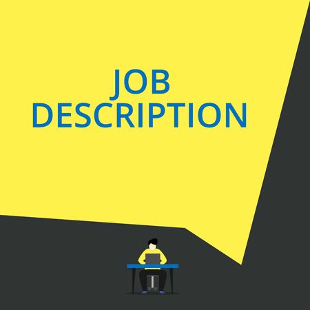 Handwriting text Job Description. Conceptual photo a formal account of an employee s is responsibilities View young man sitting chair desk working open laptop geometric backgroundの写真素材