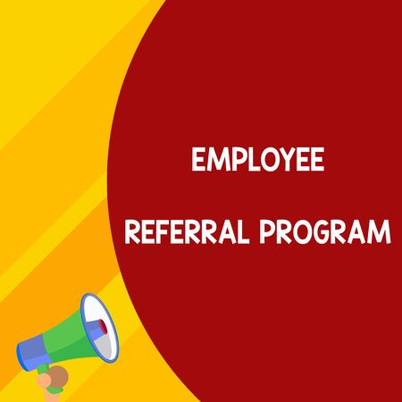Word writing text Employee Referral Program. Business photo showcasing employees are rewarded for introducing recruits Half part blank huge balloon empty text with small megaphone. Announcementの写真素材