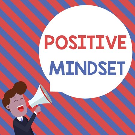 Word writing text Positive Mindset. Business photo showcasing mental attitude in wich you expect favorable results Young Man Shouting into Megaphone Floating Round Shape Empty Speech Bubbleの写真素材
