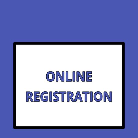 Writing note showing Online Registration. Business concept for System for subscribing or registering via the Internet Front close up view big blank rectangle abstract geometrical backgroundの写真素材