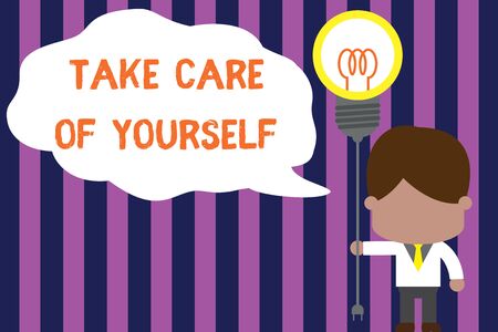Text sign showing Take Care Of Yourself. Business photo showcasing a polite way of ending a gettogether or conversation Standing man tie holding plug socket light bulb to connect idea. Startupの写真素材