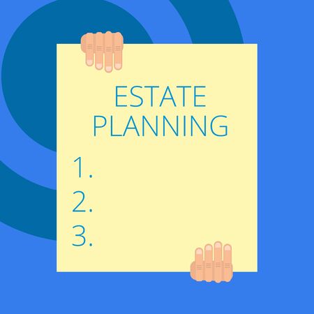 Writing note showing Estate Planning. Business concept for The analysisagement and disposal of that demonstrating s is estate Two hands holding big blank rectangle up down Geometrical backgroundの写真素材