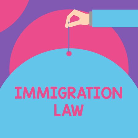 Handwriting text Immigration Law. Conceptual photo Emigration of a citizen shall be lawful in making of travel Male hand arm needle punching big half blank balloon geometrical backgroundの写真素材