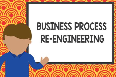Handwriting text writing Business Process Re Engineering. Conceptual photo the analysis and design of workflows Young man standing in front whiteboard pointing to project. photo Artの写真素材