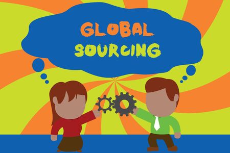 Text sign showing Global Sourcing. Business photo showcasing practice of sourcing from the global market for goods Standing young couple sharing gear. Man tie woman skirt commerce relationの写真素材