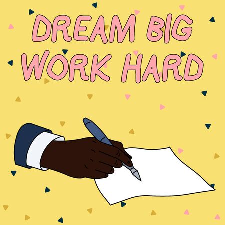 Handwriting text writing Dream Big Work Hard. Conceptual photo Believe in yourself and follow the dreams and goals Male Hand Formal Suit Holding Ballpoint Pen Blank Piece of Paper Writingの写真素材