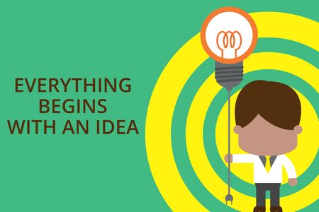 Conceptual hand writing showing Everything Begins With An Idea. Concept meaning steps you take to turn an idea into a reality Standing man tie holding plug socket light bulb Idea Startupの写真素材