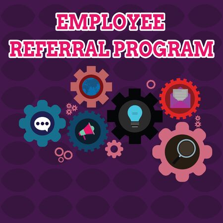 Text sign showing Employee Referral Program. Business photo showcasing employees are rewarded for introducing recruits Set of Global Online Social Networking Icons Inside Colorful Cog Wheel Gearの写真素材