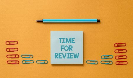 Handwriting text Time For Review. Conceptual photo review of a system or situation in its formal examination Colored blank sticky note clips binders gathered pen trendy cool backgroundの写真素材