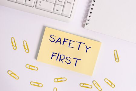 Conceptual hand writing showing Safety First. Concept meaning used to say that the most important thing is to be safeの写真素材