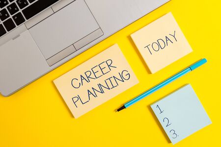 Conceptual hand writing showing Career Planning. Concept meaning Strategically plan your career goals and work success Silver laptop square sticky notepads marker colored backgroundの写真素材