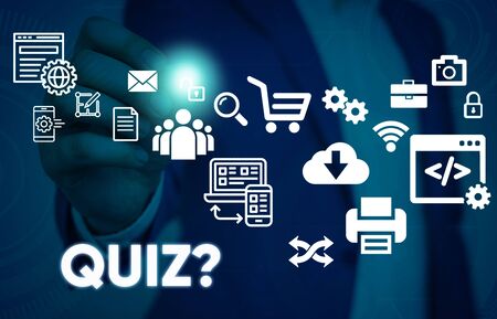 Conceptual hand writing showing Quiz Question. Concept meaning test of knowledge as competition between individuals or teams Male human wear formal suit presenting using smart deviceの写真素材